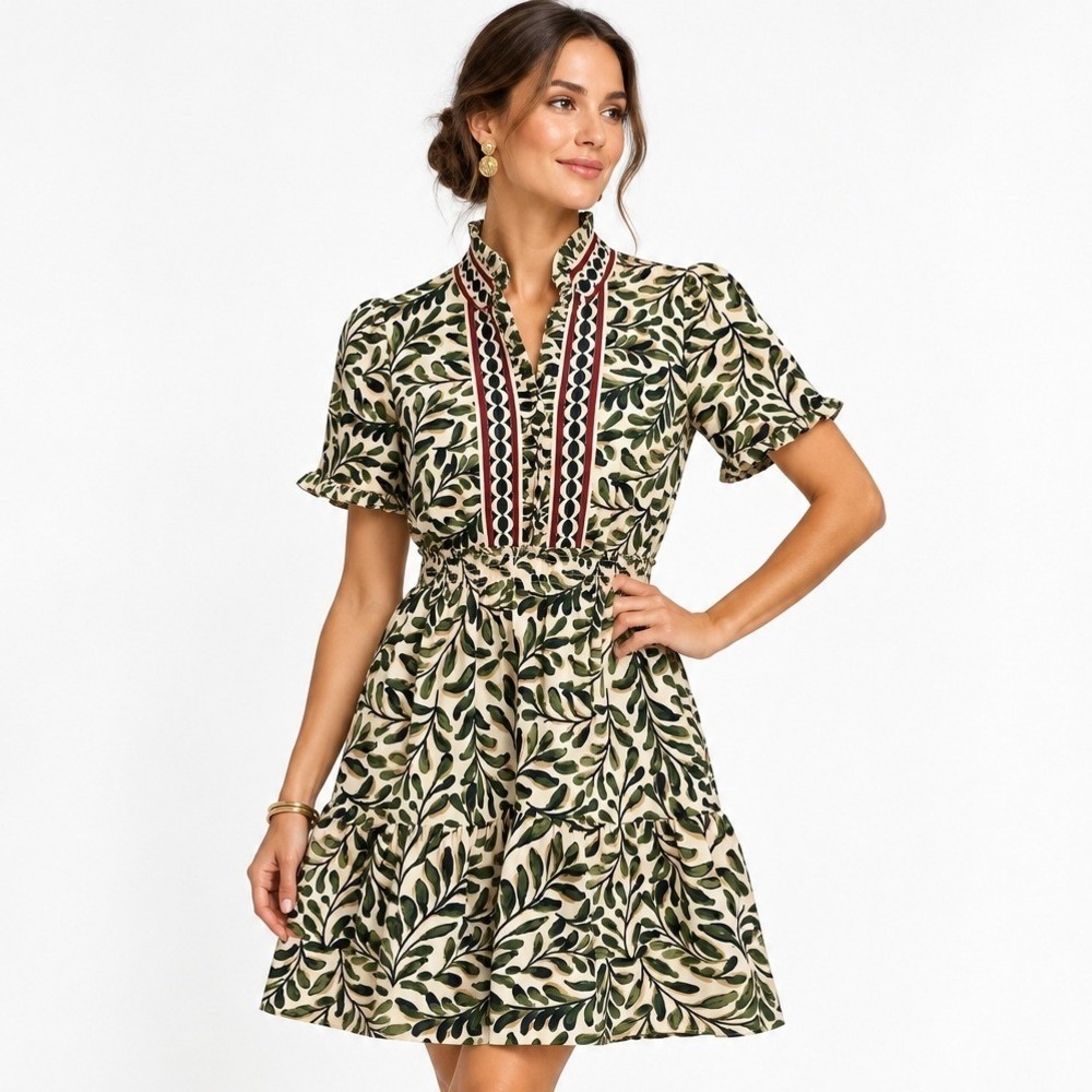 Maggy London Green Leaf Print Collared Mini Dress Size 8 NWT